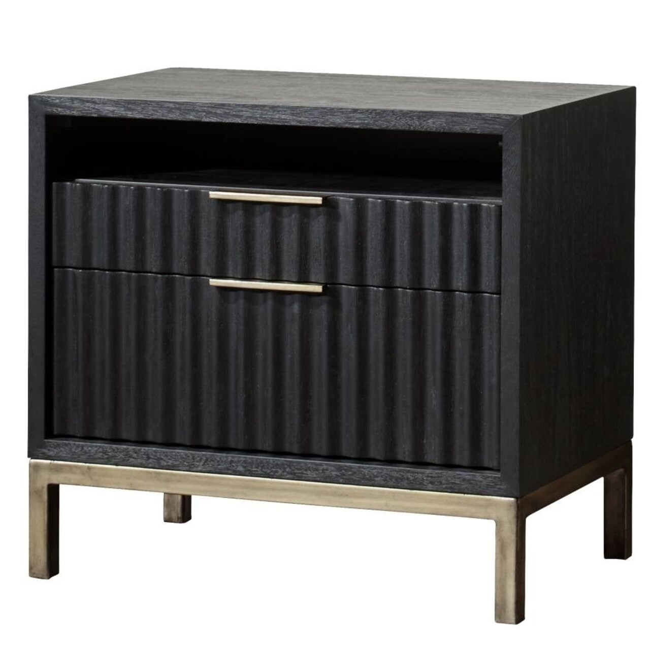 Saltoro Sherpi Wood and Metal Nightstand with Scalloped Drawer Fronts, Black and Brass-